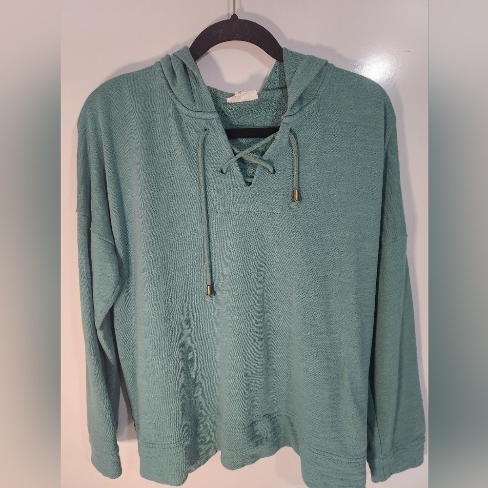 J Jill Teal Hooded Pullover with Drawstrings, Size Medium